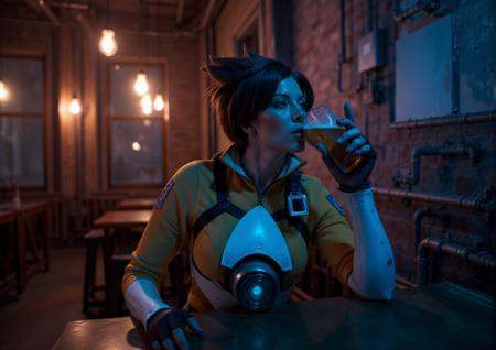 Tracer is a woman having a beer in a cyberpunk pub,  neon lights on Tensor.Art