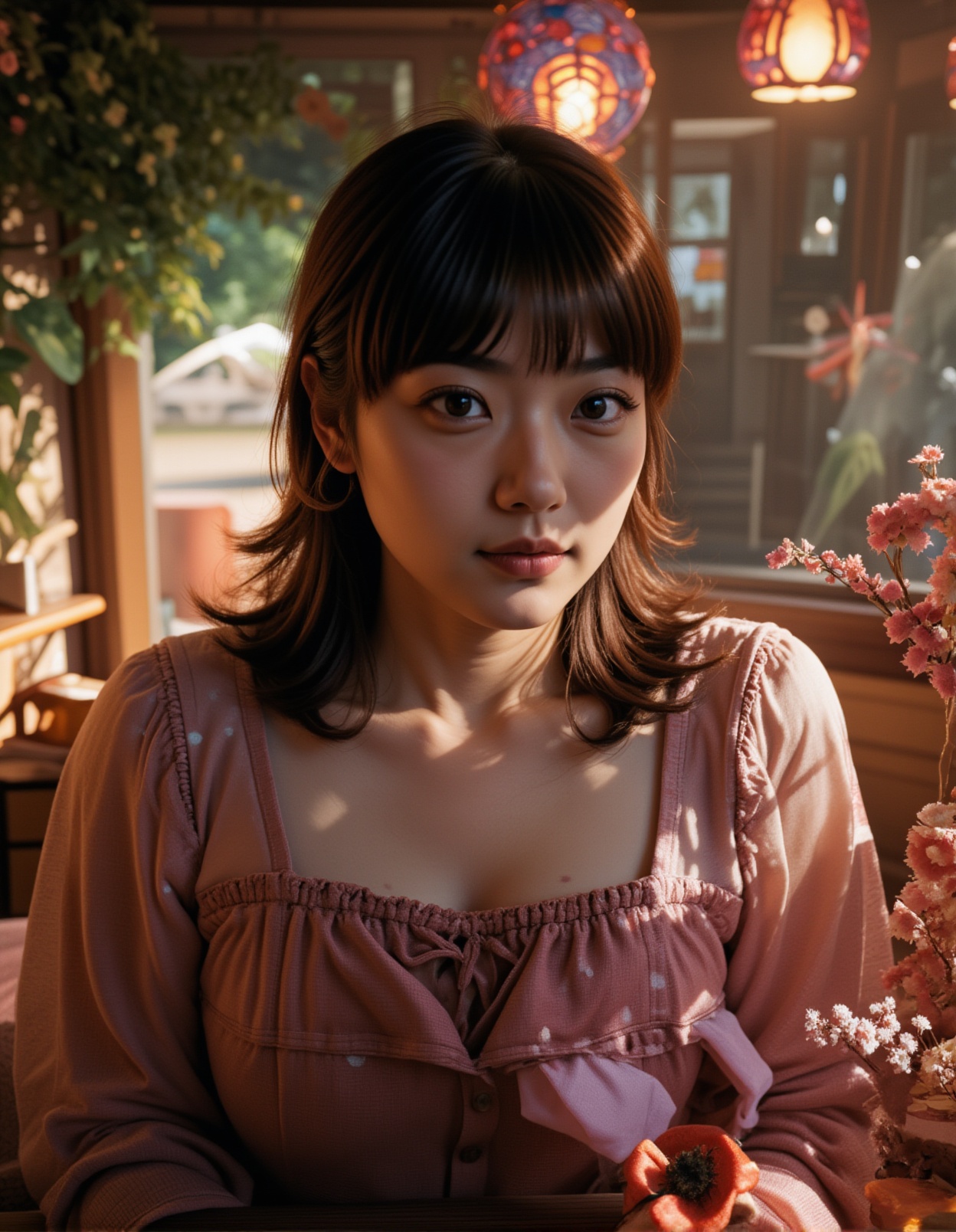 A gorgeous woman with shoulder-length maroon hair and stylish bangs. The lighting is a combination of gel lights that cast...