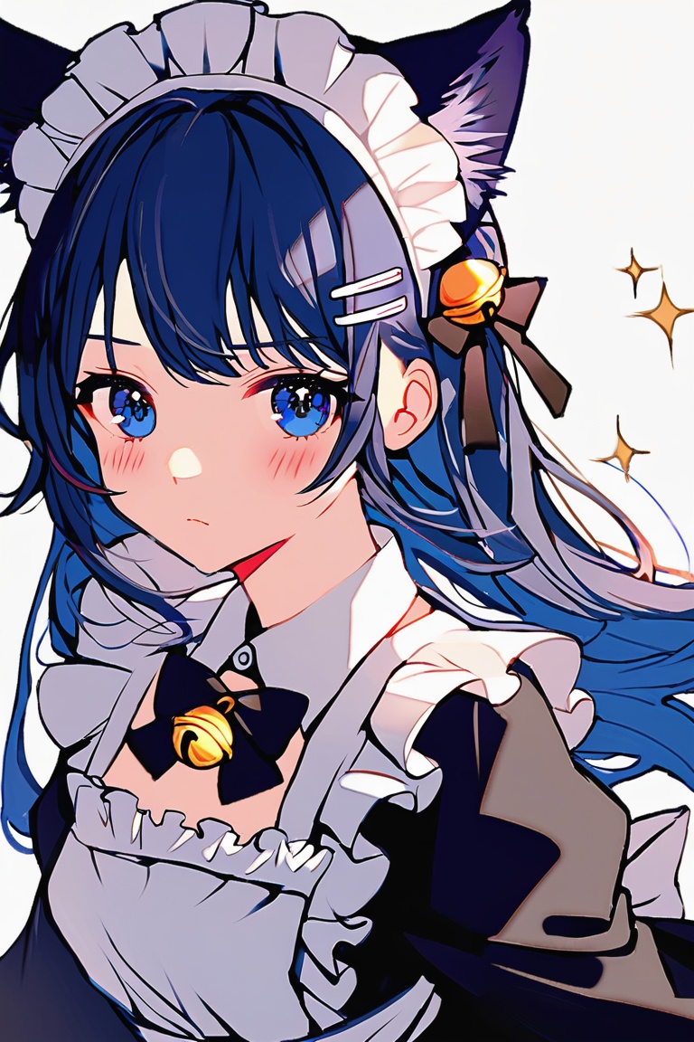 1girl, solo, long hair, looking at viewer, blush, bangs, blue eyes, simple background, hair ornament, white background, dress, bow, ribbon, animal ears, closed mouth, blue hair, frills, hairclip, cat ears, apron, black dress, collar, maid, maid headdress, sparkle, bell, detached collar, white apron, jingle bell, neck bell, maid apron, white collar,(artist:blackmeow:0.6)