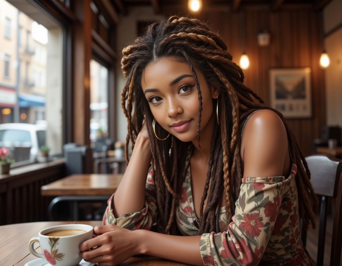 a beautiful woman,  sitting in a coffee shop,  rasta hair on Tensor.Art