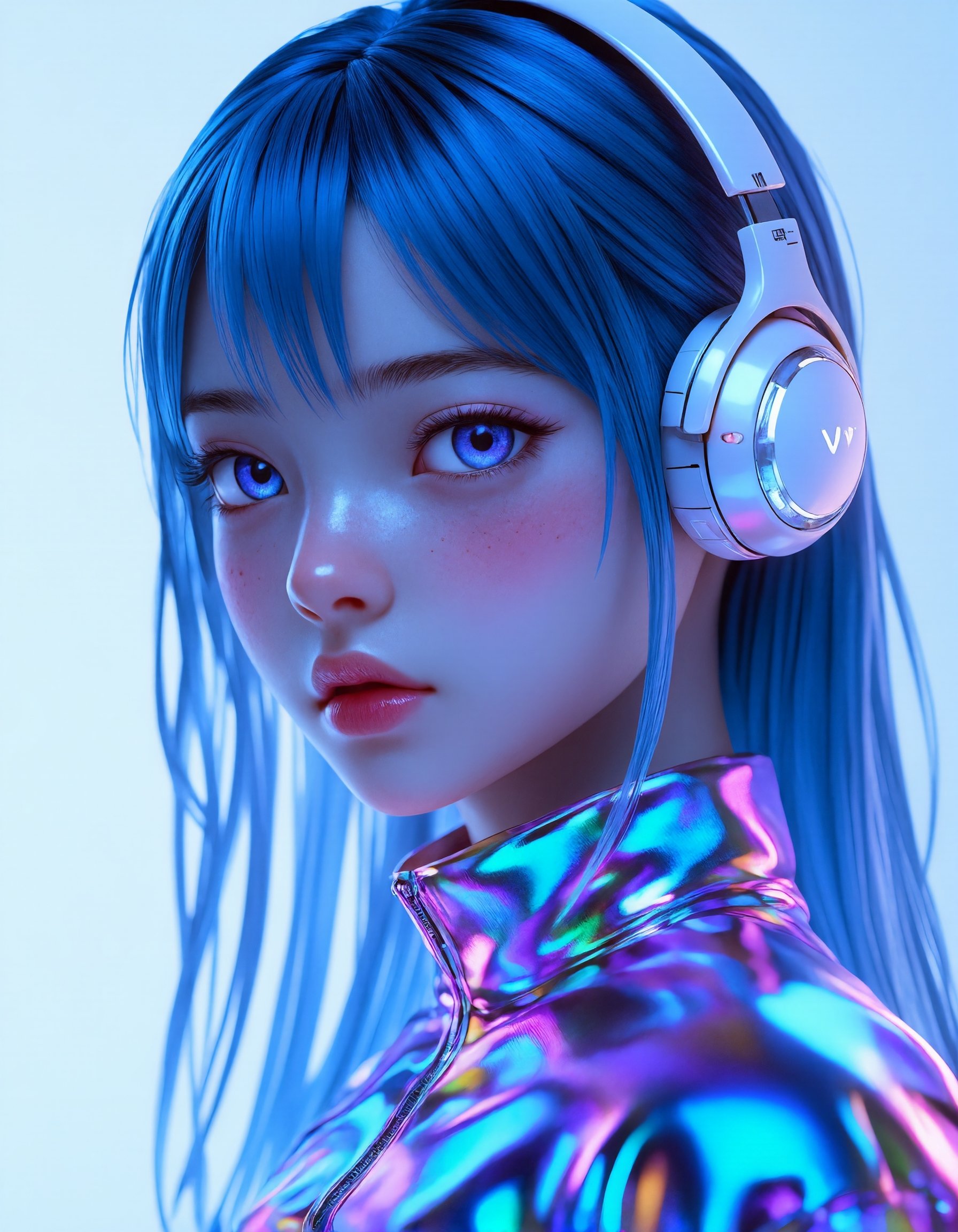 A highly detailed 3D anime-style portrait of a futuristic young woman with an ethereal and cyberpunk-inspired aesthetic. S...