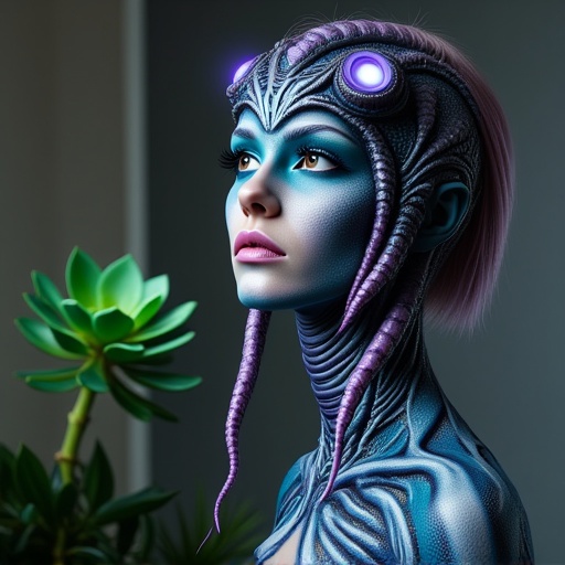 tentacle-like appendages emerging from its forehead,  with glowing,  more muted tones of the alien skin. The creature's fa...