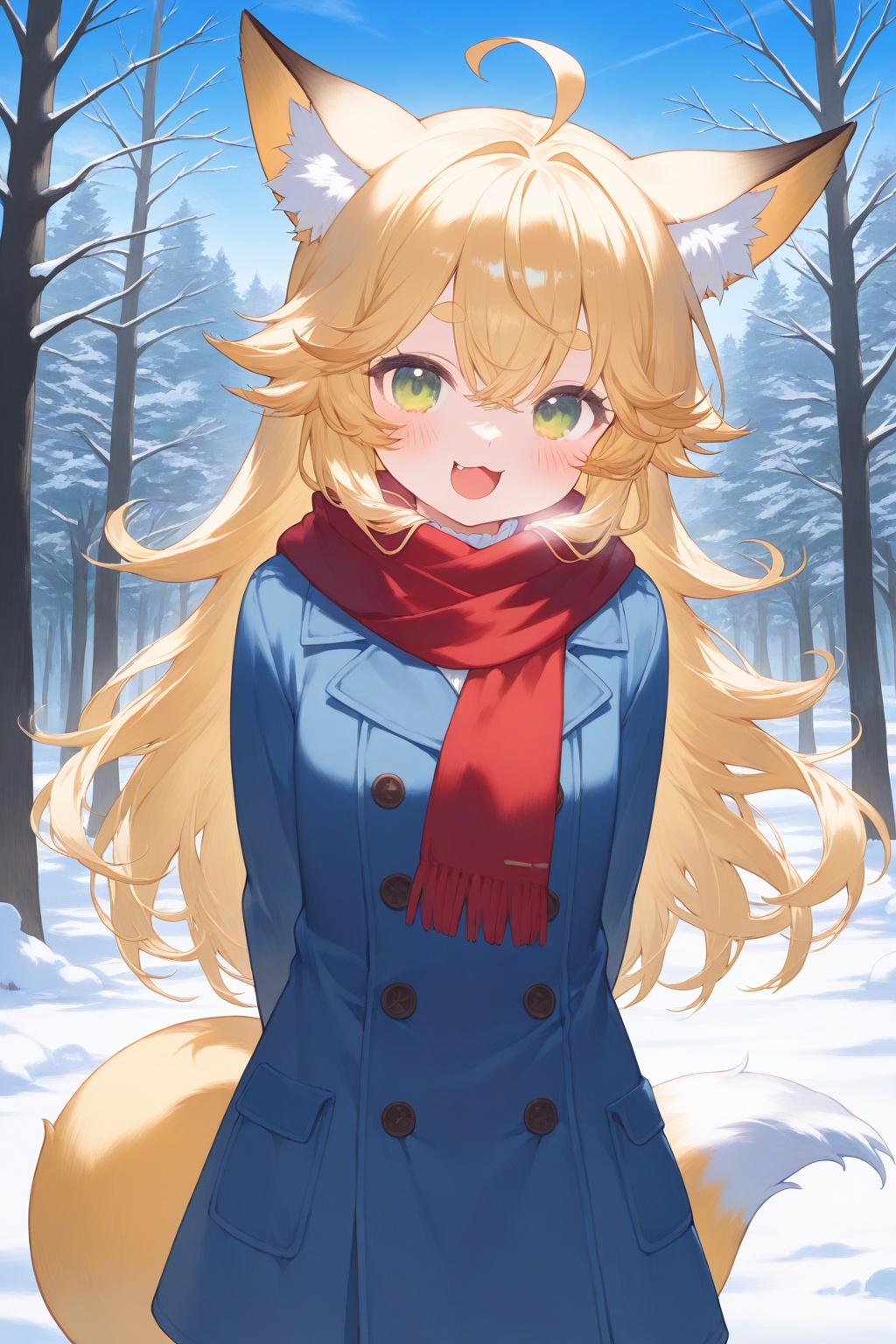 1girl,fox_tail,tail,animal_ears,fox_ears,fox_girl,long_hair,solo,blonde_hair,scarf,fang,open_mouth,animal_ear_fluff,looking_at_viewer,arms_behind_back,ahoge,:3,outdoors,smile,blush,red_scarf,tree,:d,day,coat,loli,petite, 