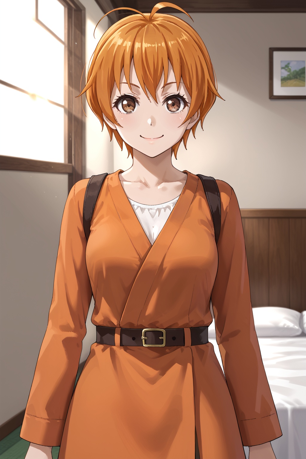 kitazawa hagumi, 1girl, solo, smile, short hair, orange hair, looking at viewer, :d, brown eyes, ahoge<lora:北澤育美:0.8>
