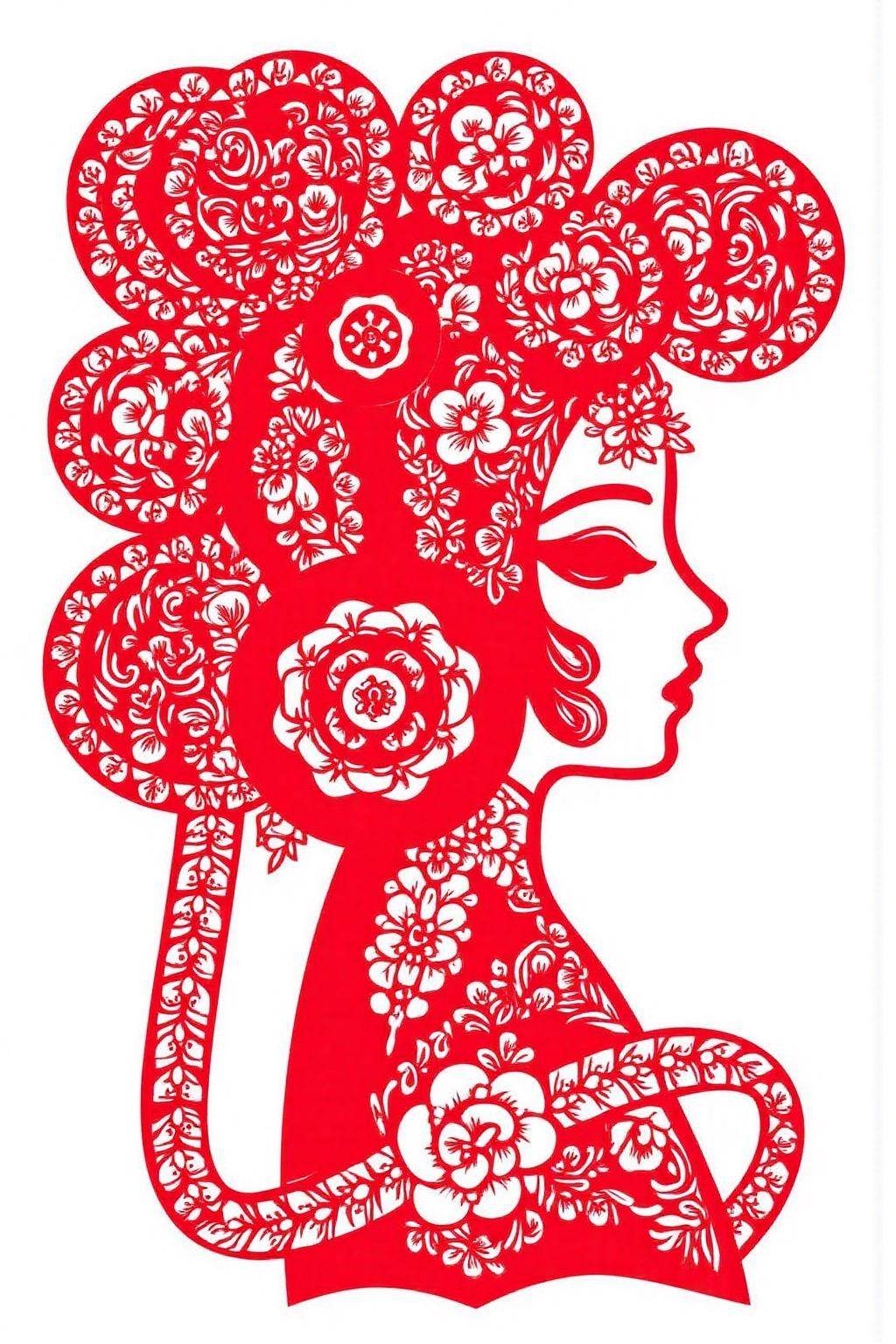 papercut art of profile of a Chinese woman,  wearing a traditional Chinese bridal headwear. on Tensor.Art