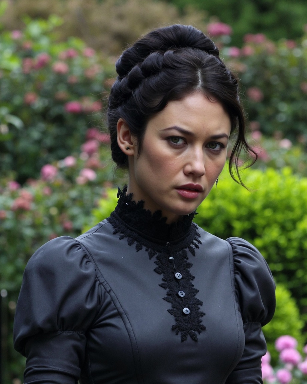 olga_kurylenko with a pale complexion,  wearing a Victorian-style outfit in a deep charcoal gray color. Her attire feature...