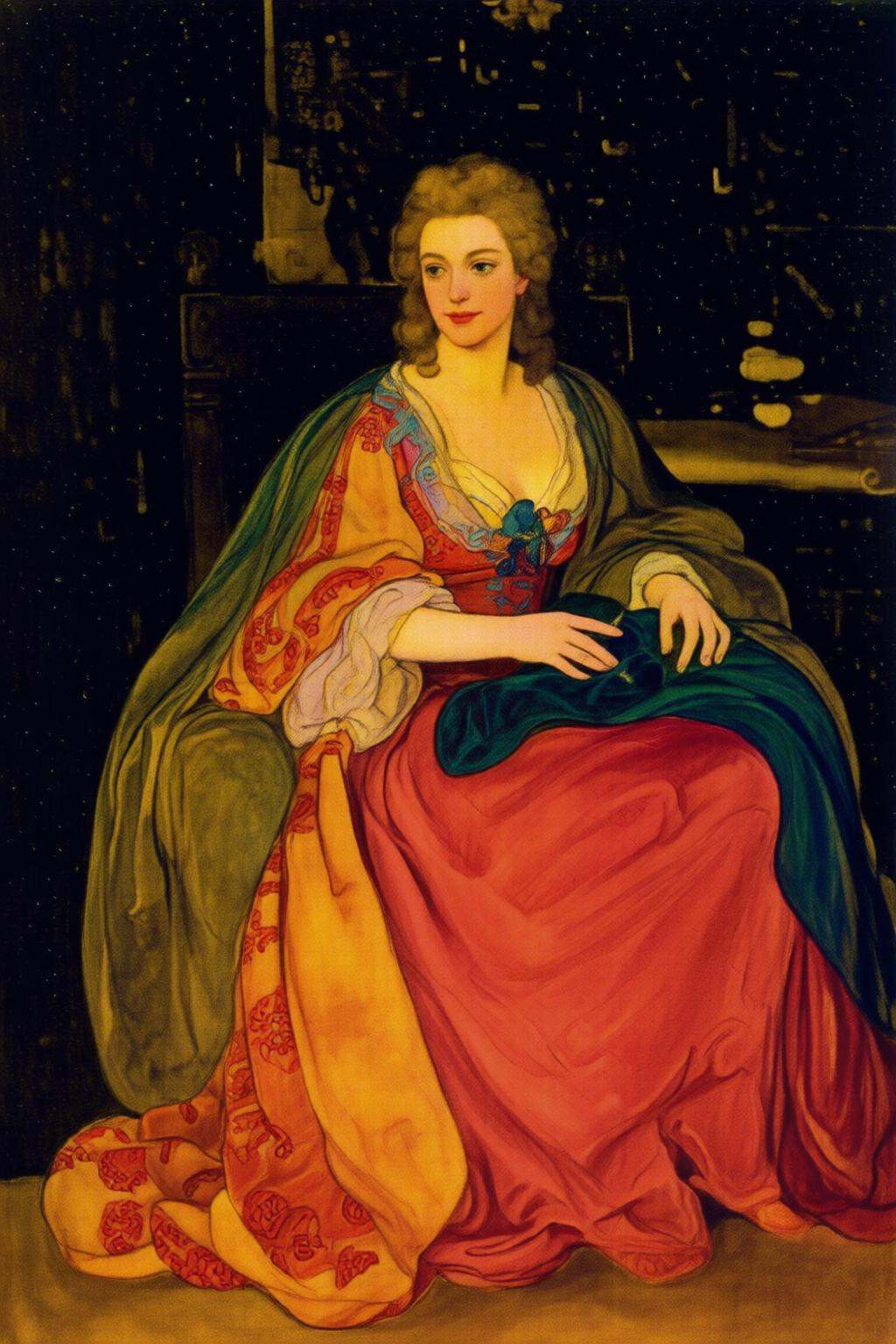 elizabethshippengreen2q illustration.A woman dressed in Baroque-style clothing,  seated in a richly detailed,  dark on Ten...