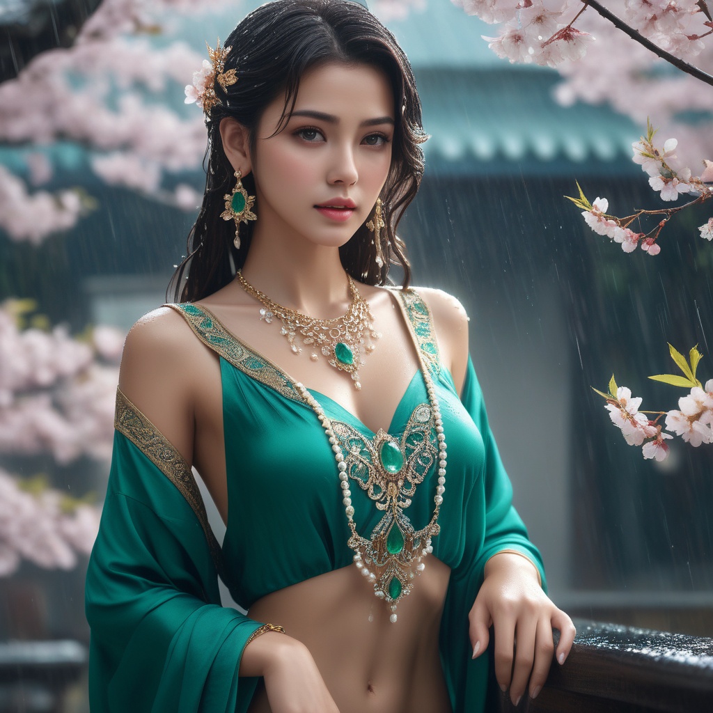 <lora:836-DA-XL-朴正允-绿-B:0.8>, (,1girl, ,best quality, ),, ,ultra detailed 8k cg,            cinematic lighting, cinematic bloom, (( , )),,  , unreal, science fiction,  luxury, jewelry, diamond, pearl, gem, sapphire, ruby, emerald, intricate detail, delicate pattern, charming, alluring, seductive, erotic, enchanting, hair ornament, necklace, earrings, bracelet, armlet,halo,masterpiece, (( , )),, realistic,science fiction,mole, ,cherry blossoms,(((, , ultra high res, (photorealistic:1.4), raw photo, 1girl, wet clothes, rain, sweat, ,wet, )))(( , ))   (cleavage),,  (),