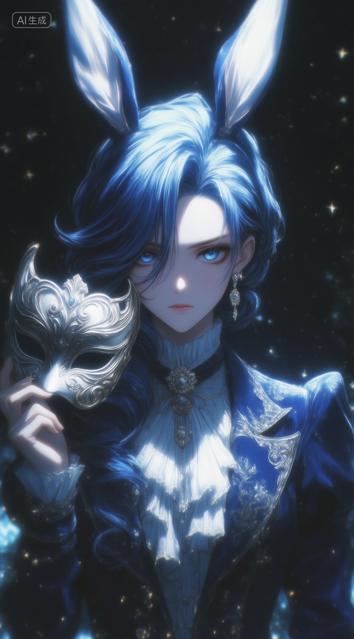 a digital illustration shoot from a portrait camera angle about a character with blue hair and bunny ears holding a silver...