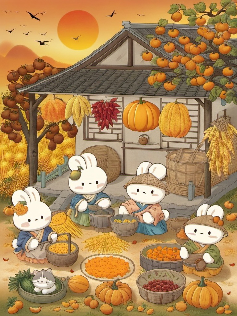 tuzi,A charming, hand-drawn scene of a cute, white bunny family having a harvest bash in front of a rustic wooden house. The house is decked out with drying fruits and veggies, and a chill orange sunset hangs in the background. The bunnies, decked out in traditional clothes, are busy with food prep, showing off a warm, community vibe. The ground is littered with pumpkins and autumn leaves, cranking up the festive mood.,<lora:tuzi_v1:0.8>