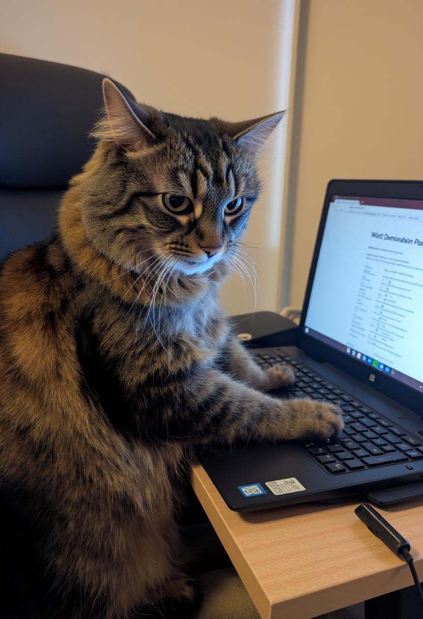 photograph of a fluffy,  medium-sized cat named Allie with a mottled coat featuring dark brown and black tabby stripes sit...