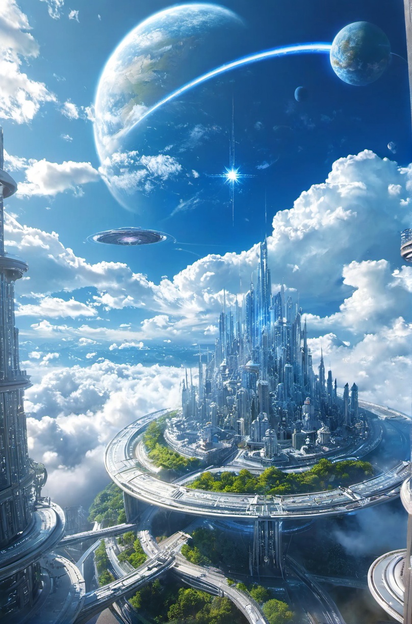scenery,sky,cloud,no humans,fantasy,planet,outdoors,city,blue sky,cityscape,building,star \(sky\),<lora:aki-未来城市-000008:0.8>,