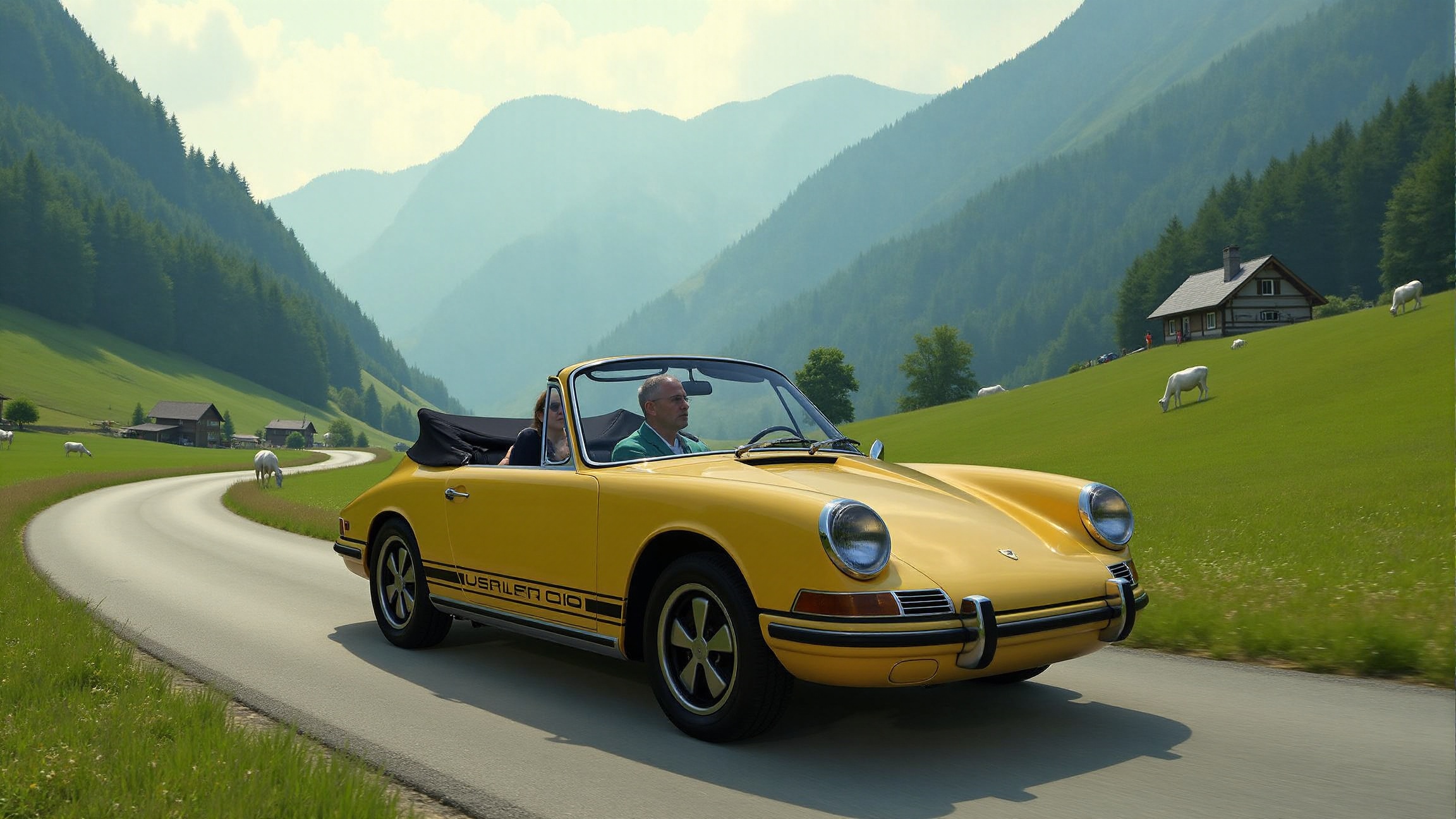 porsche 911A man driving a bright and sporty Porsche 911 model 1968 is driving the car along the most picturesque daytime...