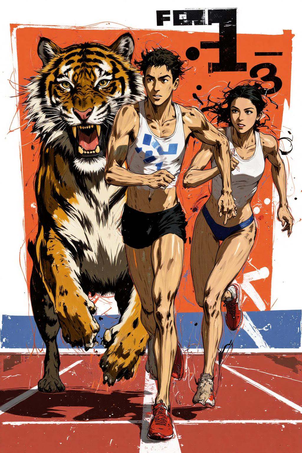 anime style artwork poster illustration. A tiger,  a man and a woman running in track and field. on Tensor.Art