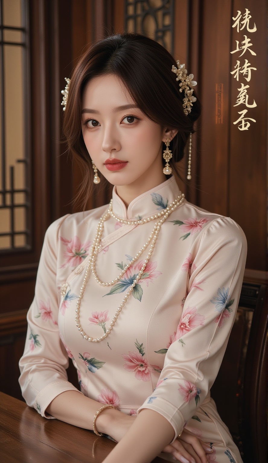 Cheongsam,Cheongsam,Elegant in Tradition: A Woman Adorned with a Ming Dynasty-Inspired Qipao and Accessories.,