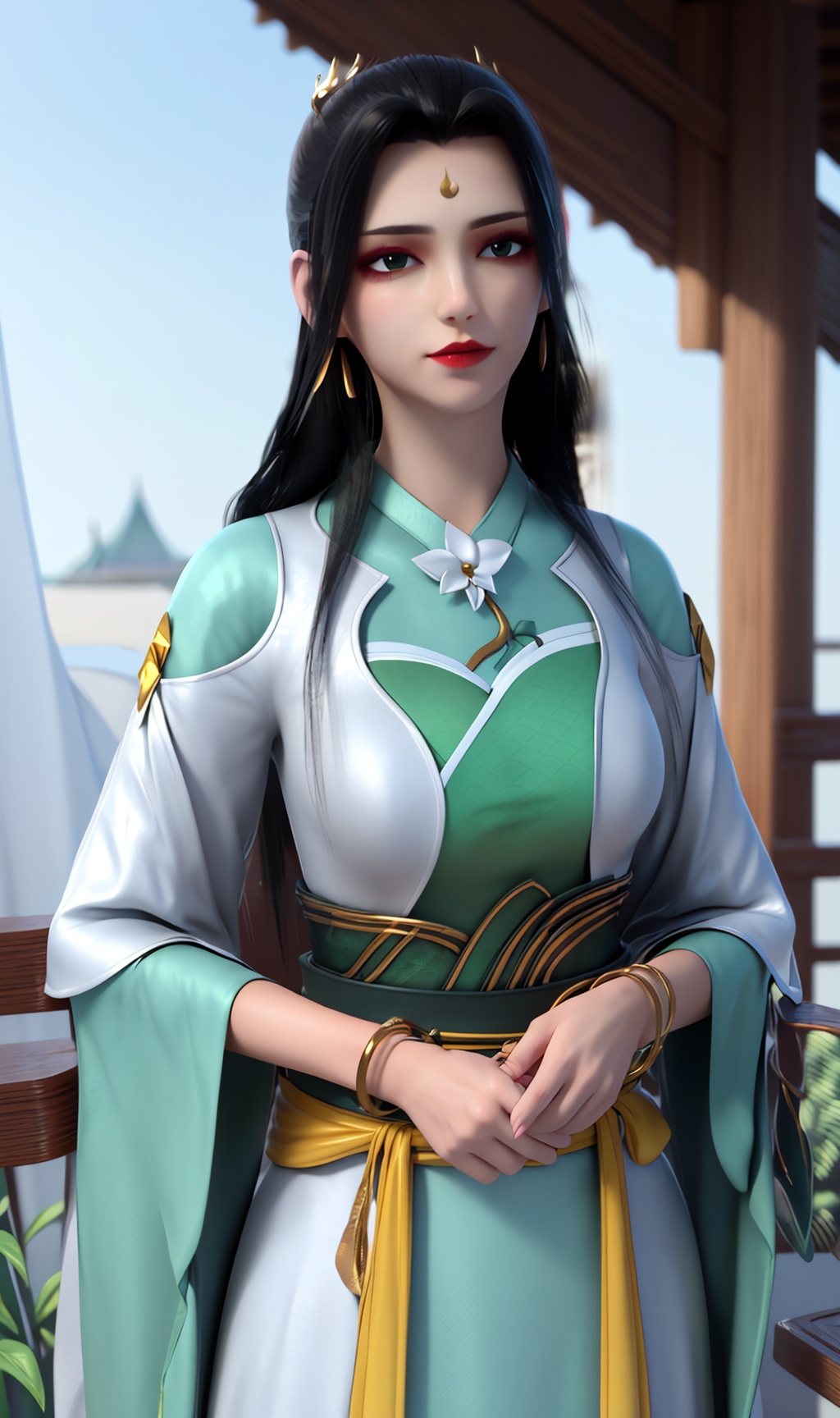 3D,masterpiece,(best quality),(makeup),official art, extremely detailed cg 8k wallpaper,((crystalstexture skin)), (extremely delicate and beautiful),(highly detailed),(1girl), (solo), (jewelry), (earrings),(long_hair),(black_hair),(hair_ornament),(handwear),(breasts),(standing),hanfu,china_dress,,(upper_body),((dress)),(multicolored_clothes),(multicolored_dress),,(collar),((chinese_clothes)),(adapted_costume),((closed_mouth)),(sleeved),,(long_dress),(long_skirt),(sunshine, outdoor),((looking_at_viewer)),((Facing the camera)), <lora:hipoly3DModelLora_v10:0.3>