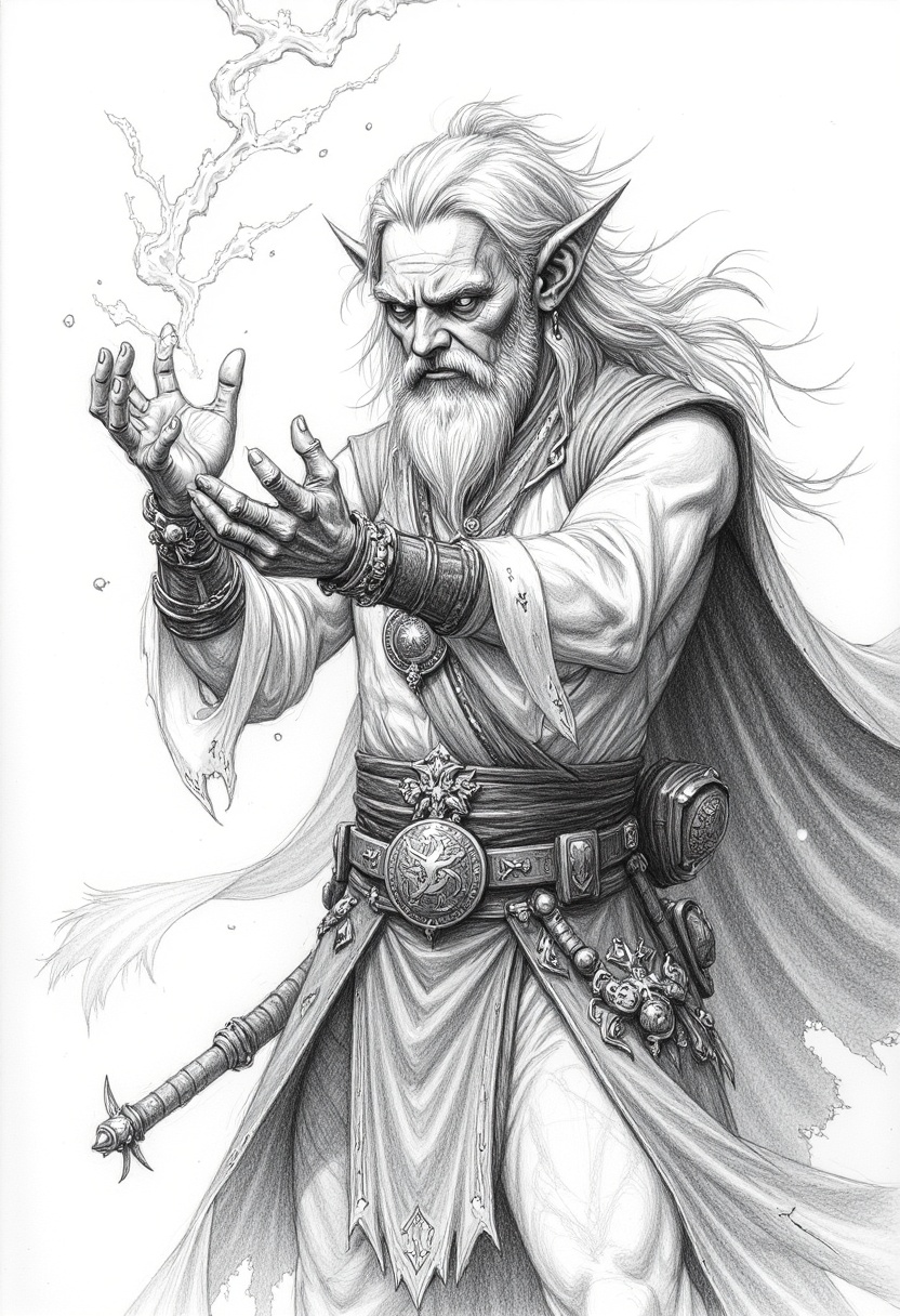 pencil drawing of an elven archmage casting a powerful spell. Energy crackles from fingertips covered in intricate rune ta...