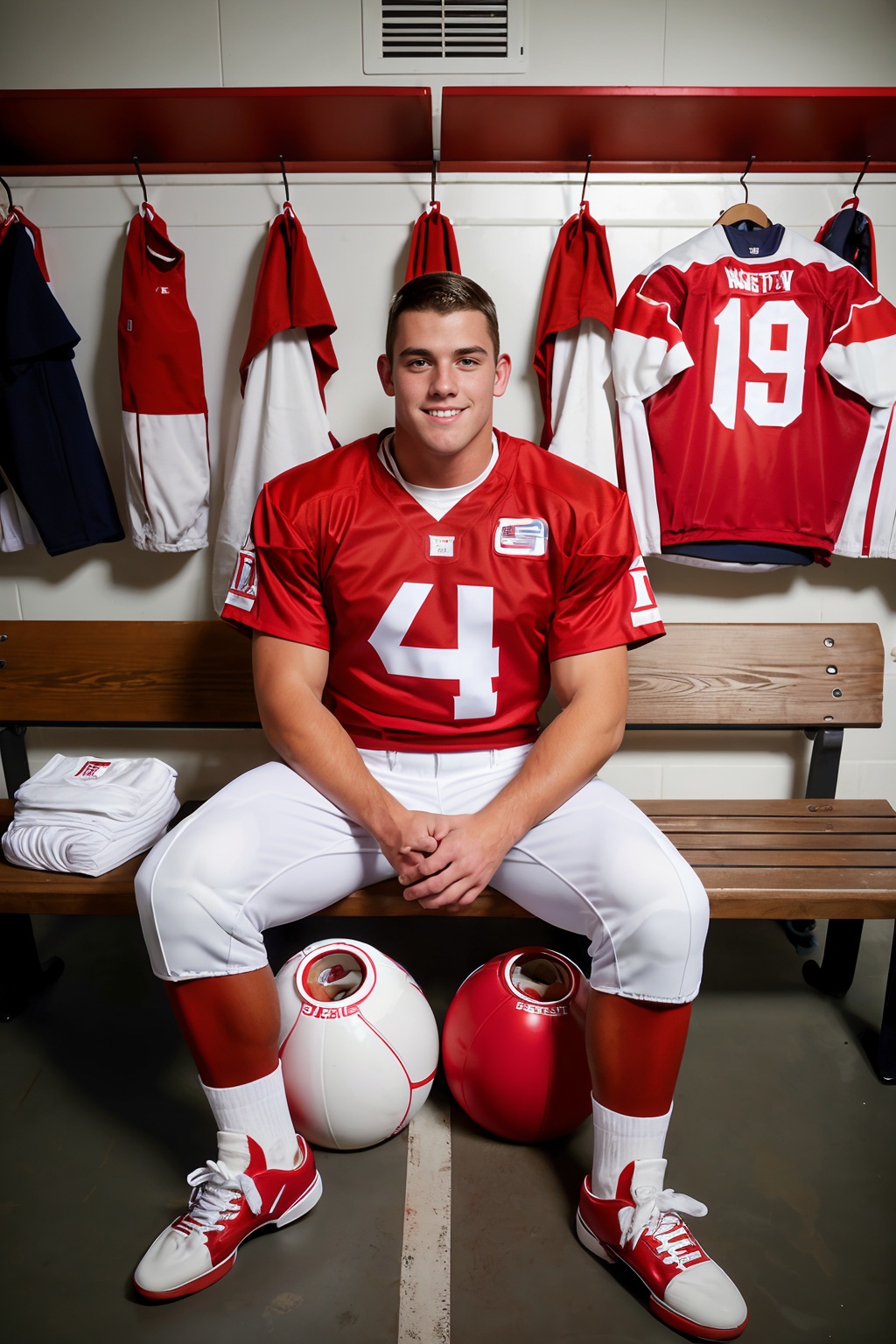 locker room,  lockers in the background,  sitting on a bench on Tensor.Art