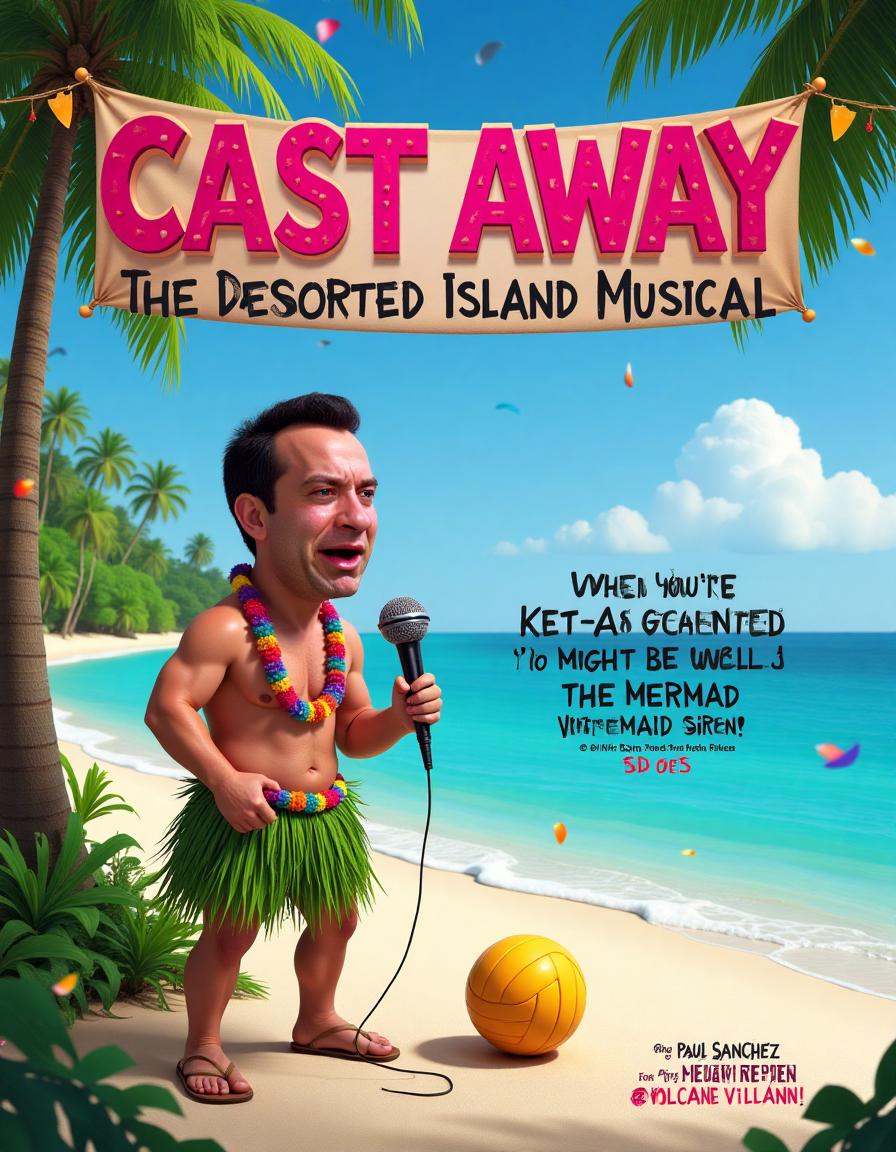 A parody movie poster with the printed title: **"Cast Away: The Deserted Island Musical"**A Survival Movie Genre parody po...