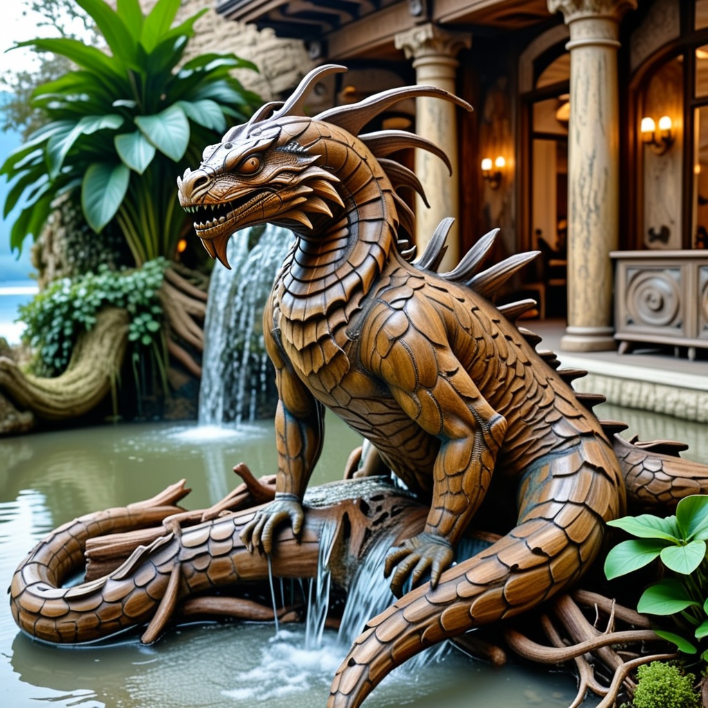 a basilisk made of wood,  a basilisk creature,  antique statue on Tensor.Art