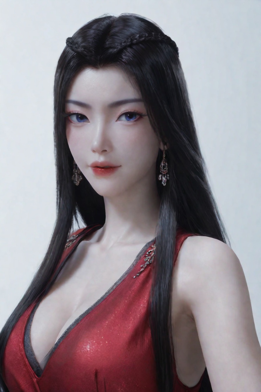 score_9,score_8_up,score_7_up,incredibly absurdres,<lora:SF_YuanYao_Pony-000004:0.7>,1girl,solo,dress,large breasts,naughty_face,red lips,jewelry,earring,long hair,looking at viewer,white background,