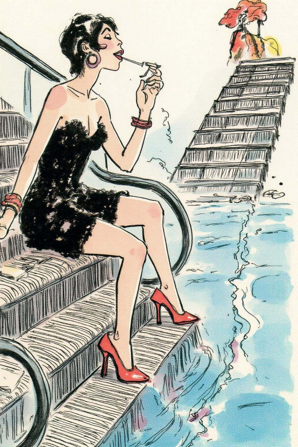 hugop1 illustration. a woman in a chic little black dress and vibrant red high heels,  gracefully descending an escalator....
