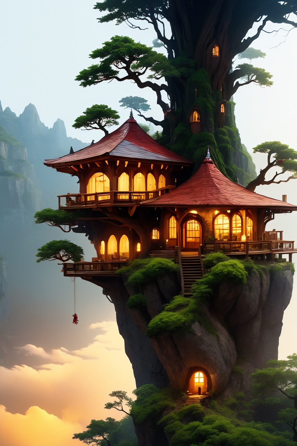 <lora:AgainWonderlandForest:1>, AgainWonderlandForest, fantasy, a huge old tree on the cliff,many tree houses are on branches,sheer, majestic cliffs,rough stone,it was thrilling,dramatic light,fog and mist,