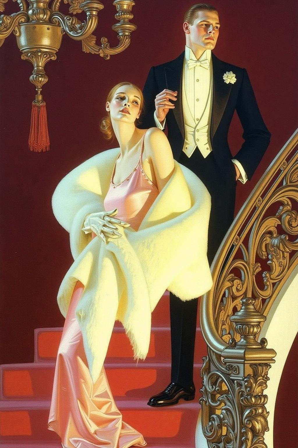 jcleyen1 painting. A sophisticated woman and man in an opulent,  ornate setting,  standing on a staircase. The woman on Te...