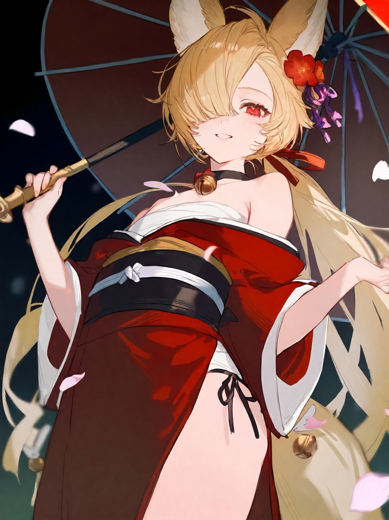 1boy, kou \(granblue fantasy\), granblue fantasy, (ciloranko:0.9524), kazutake hazano, (kedama milk:0.9524), ask \(askzy\), solo, from below, cowboy shot, depth of field, red eyes, large tail, sash, blonde hair, long hair, parted lips, blurry, petals, umbrella, smile, side-tie legwear, hair over one eye, fox ears, animal ears, tail, obi, falling petals, black background, looking at viewer, bell, hair flower, jingle bell, fox boy, flower, holding umbrella, holding, off shoulder, erune, hair bell, fox tail, masterpiece, best quality, safe, safe