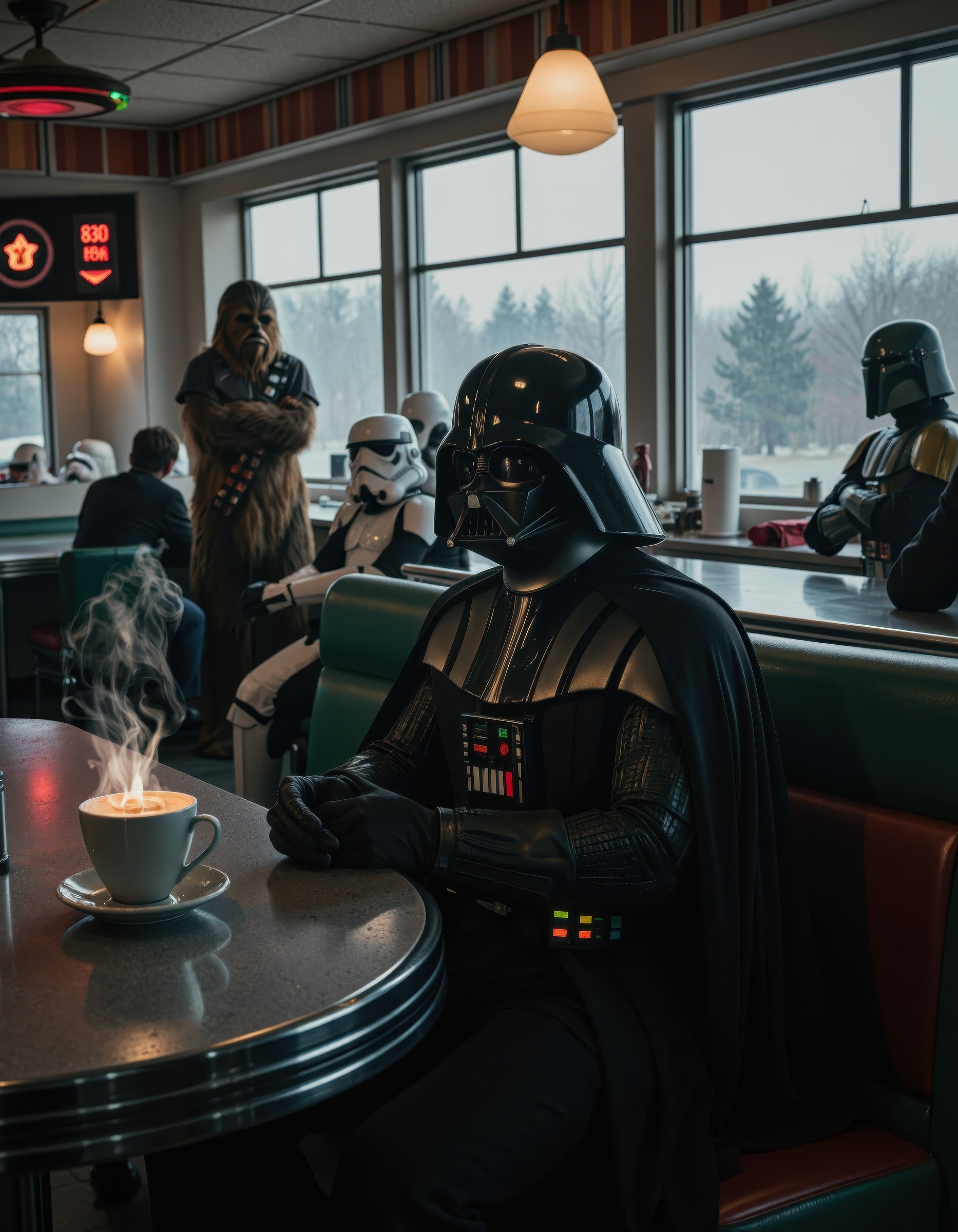 Darth Vader sitting in a crowded retro diner,  a steaming coffee cup before him on a chrome table,  volumetric lighting ca...