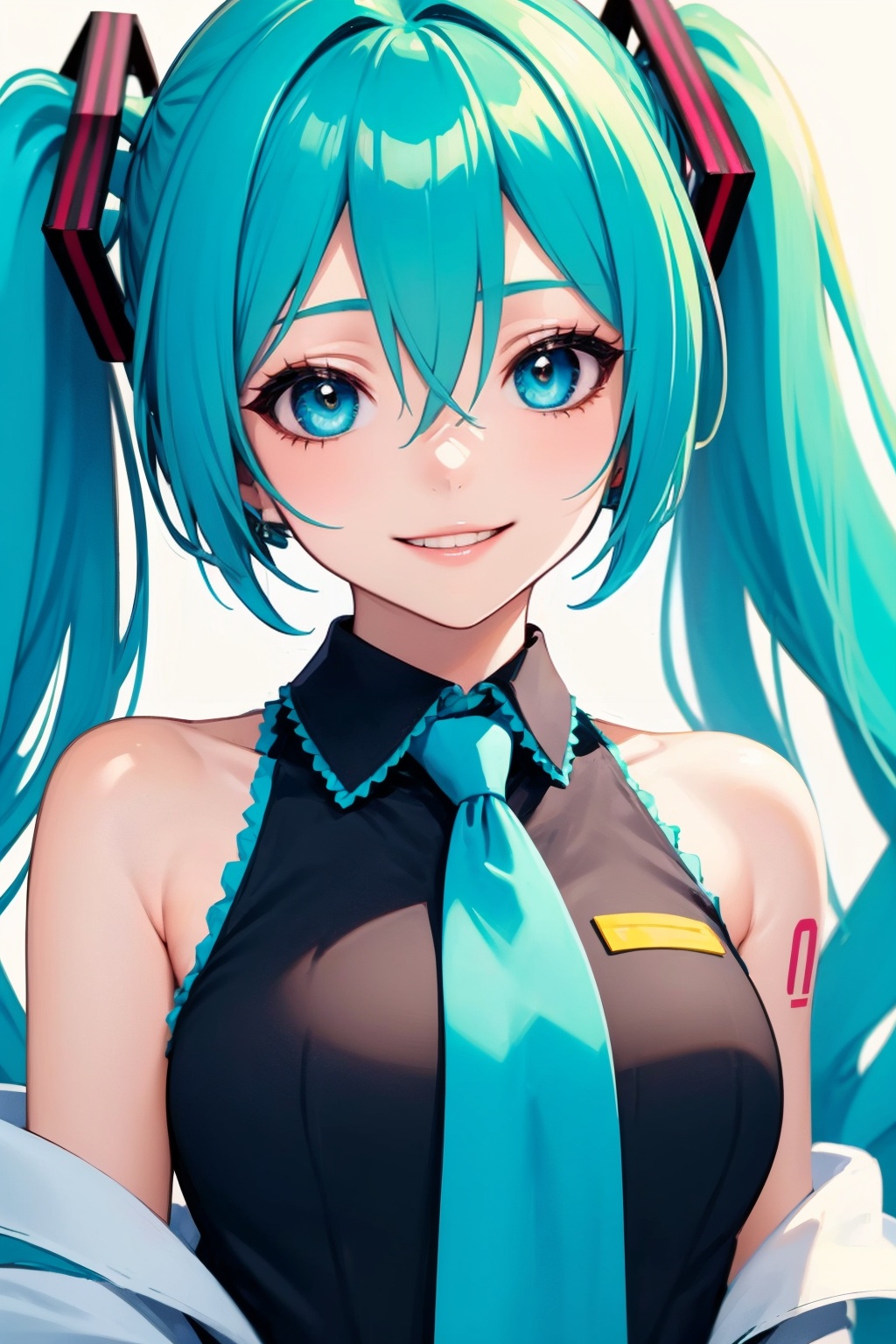 1girl, solo, hatsune miku, twintails, necktie, long hair, smile, upper body, shirt, looking at viewer, sleeveless shirt, bare shoulders, sleeveless, simple background, hair between eyes