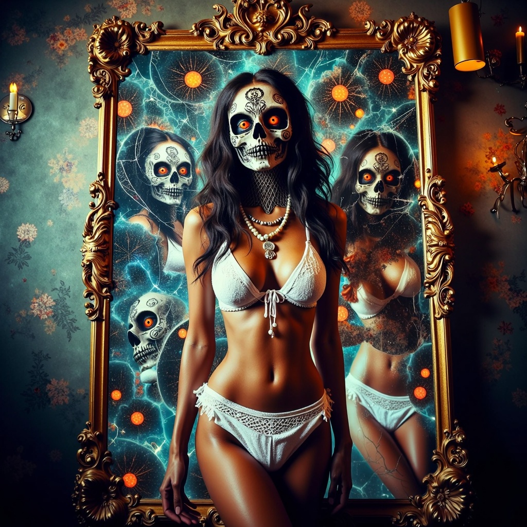 HalloweenGlowStyle White Mesh Bralette and High-Waisted Panty Set themed shattered mirror,  thousand versions of self,  su...