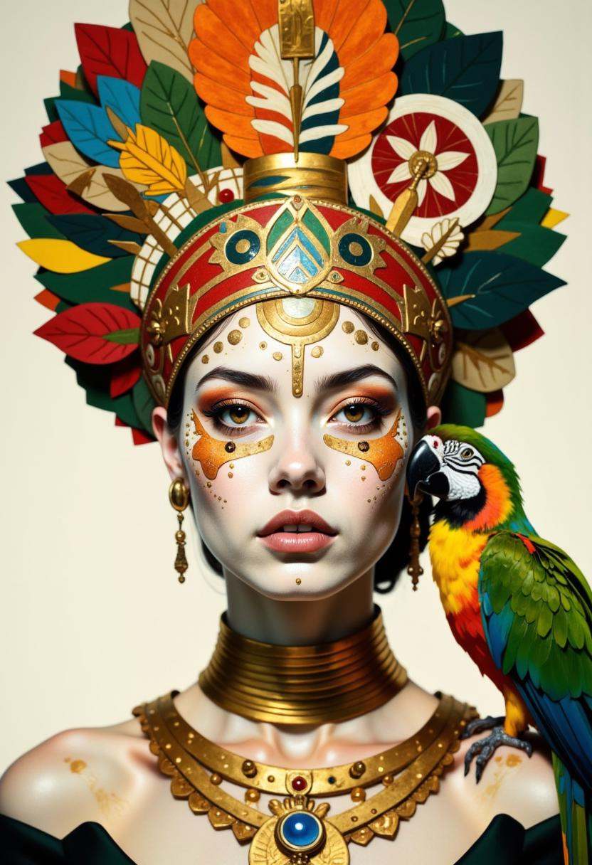 A woman with a striking and surreal appearance. The woman has a pale,  almost ethereal complexion,  with her face adorned...