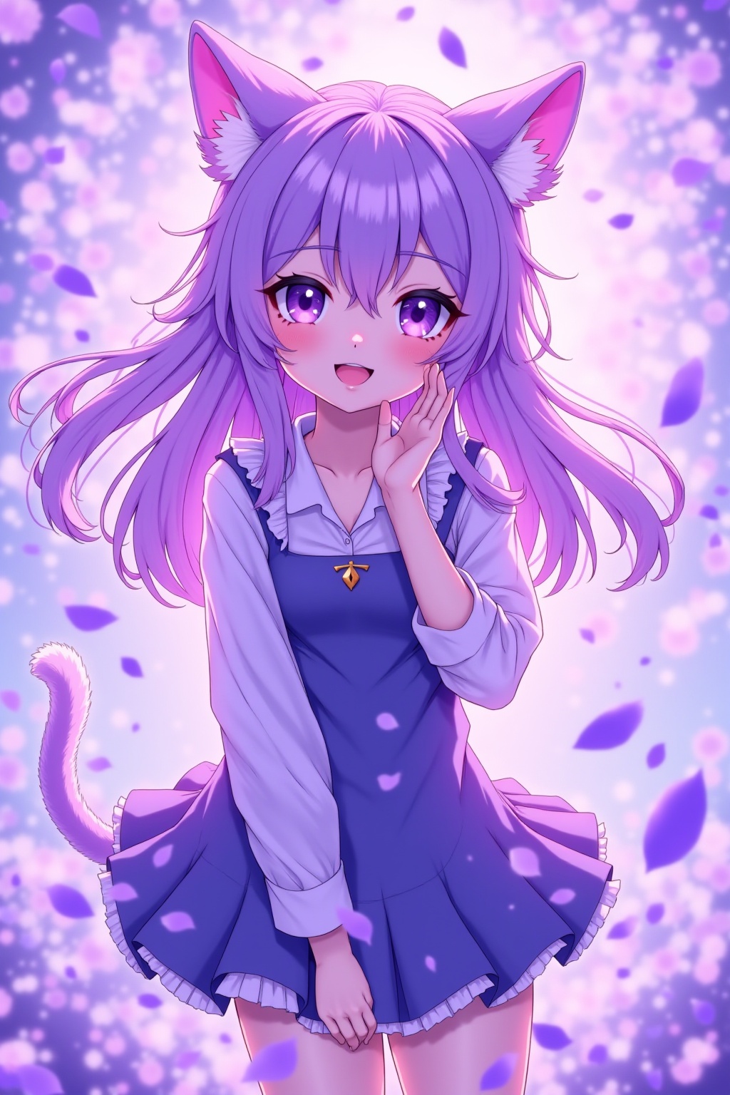 Best picture quality,8K,a beautiful girl,flying purple petals,2 cat ears,