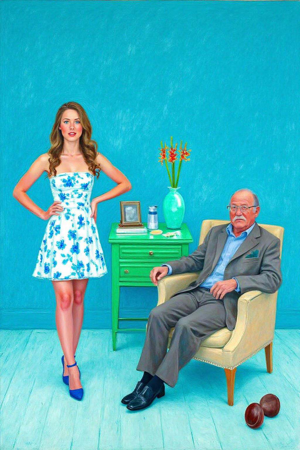 daho1 paintingA room with a vibrant,  textured background. The room is painted in a palette of turquoise and blue hues,  w...