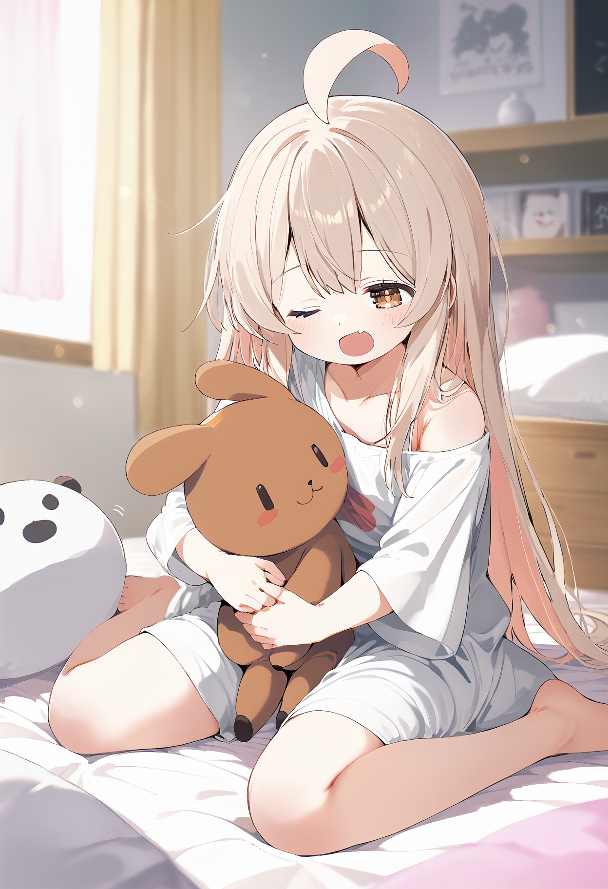 score_9,score_8_up,score_7_up,source_anime BREAK oyama mahiro,1girl,solo,brown eyes,long hair,ahoge,oversized clothes,indoors,genderswap,smile,barefoot,oversized shirt,closed eyes,one eye closed,stuffed toy,one eye closed,sleepy,fang,open mouth,hugging object,doll,blush,collarbone,waking up,off shoulder,rubbing eyes,wariza,sitting,hand up,shirt,white shirt,short sleeves,blush stickers,:d,no pants,<lora:oyama-mahiro_onimai_PONY_last:1>,<lora:Siro9_pony:1>,