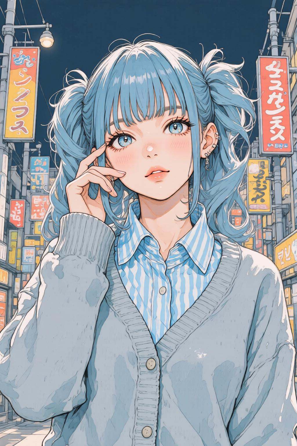 nijiwatercolor1q anime illustration.A young woman with light blue hair styled in two high ponytails. She is wearing a ligh...