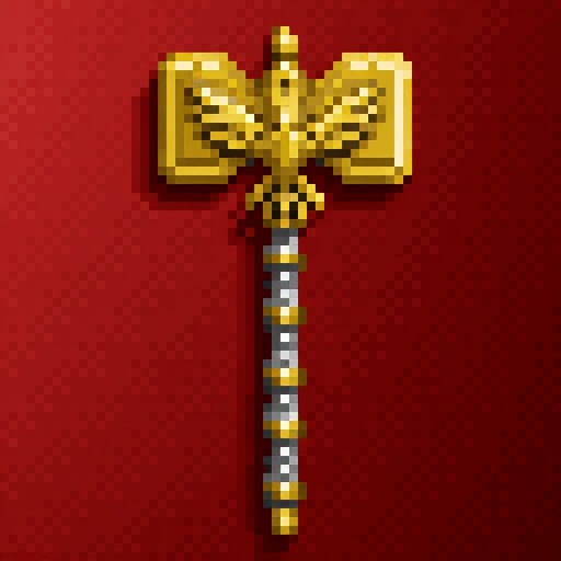 A HoMM2 style Holy Hammer artifact,  gradient red background.The subject of the image is a battle hammer,  depicted with a...