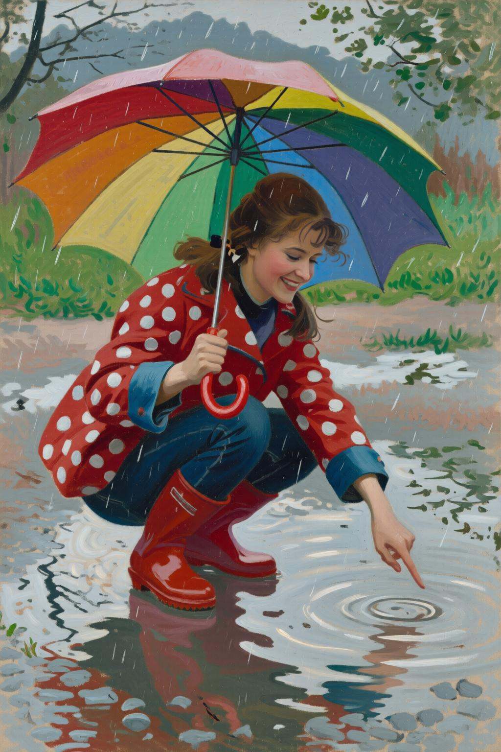 claudemonet2q painting. A young woman,  angled from slightly above and to the right,  crouching low to the ground in a pud...