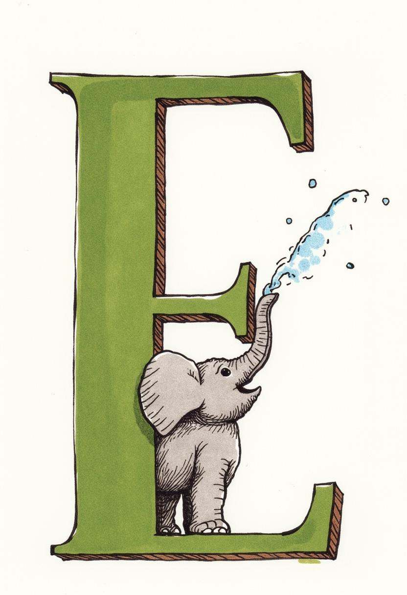 watercolor and ink illustration by Kate Greenaway. Features large green letter 'E' with brown border,  showcasing an eleph...