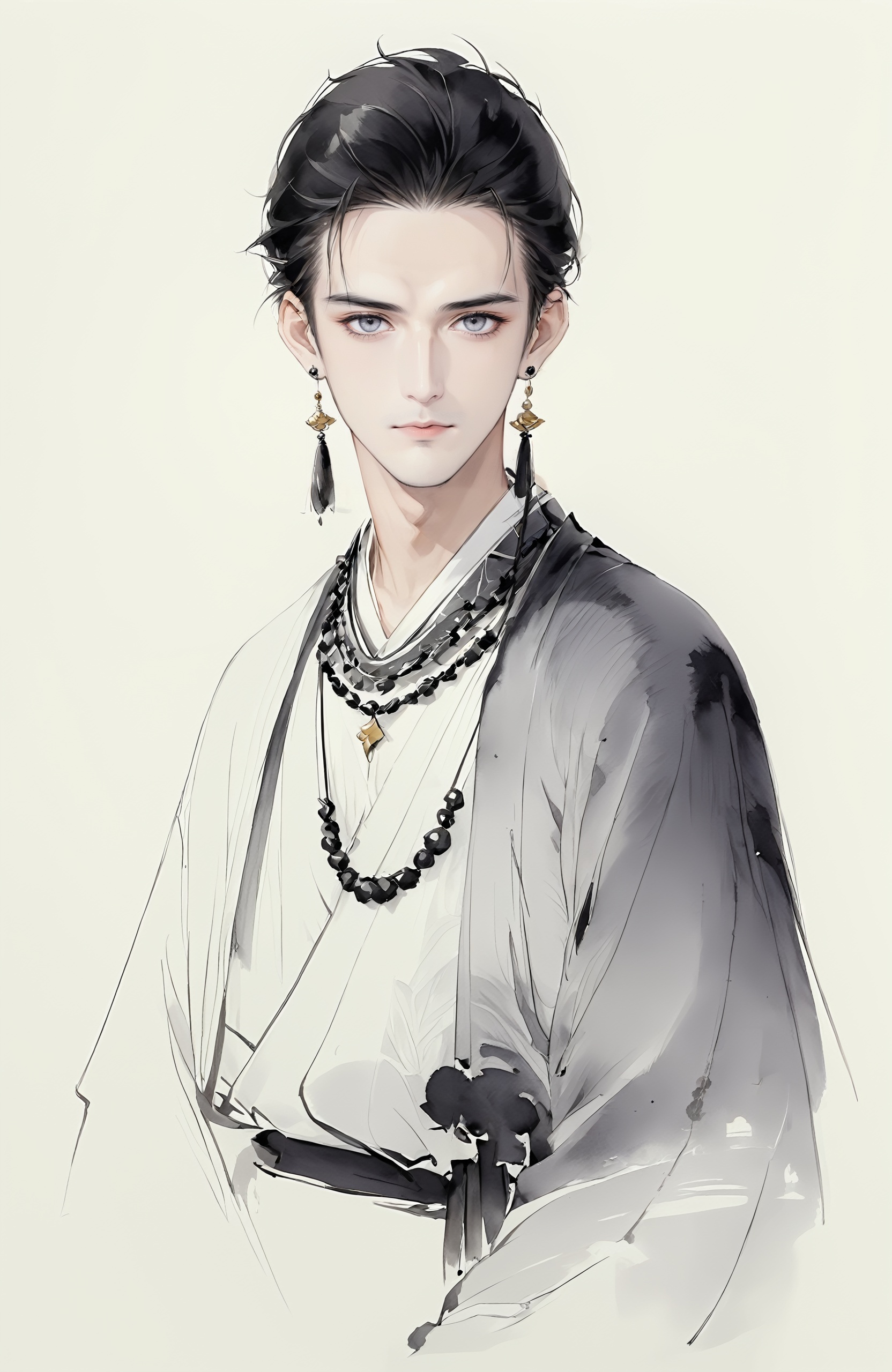 minimalism,Chinese ink painting,ink painting ,portrait,1boy,solo,male focus,tassel earrings,necklace,grey eyes,black hair,hanfu,closed mouth,Jewelry, short hair,looking at viewer,white background, master works, flat, high definition,      <lora:20241018-1729215935508-000008:0.7> ,<lora:水墨时尚插画XL_水墨时尚插画:0.4>