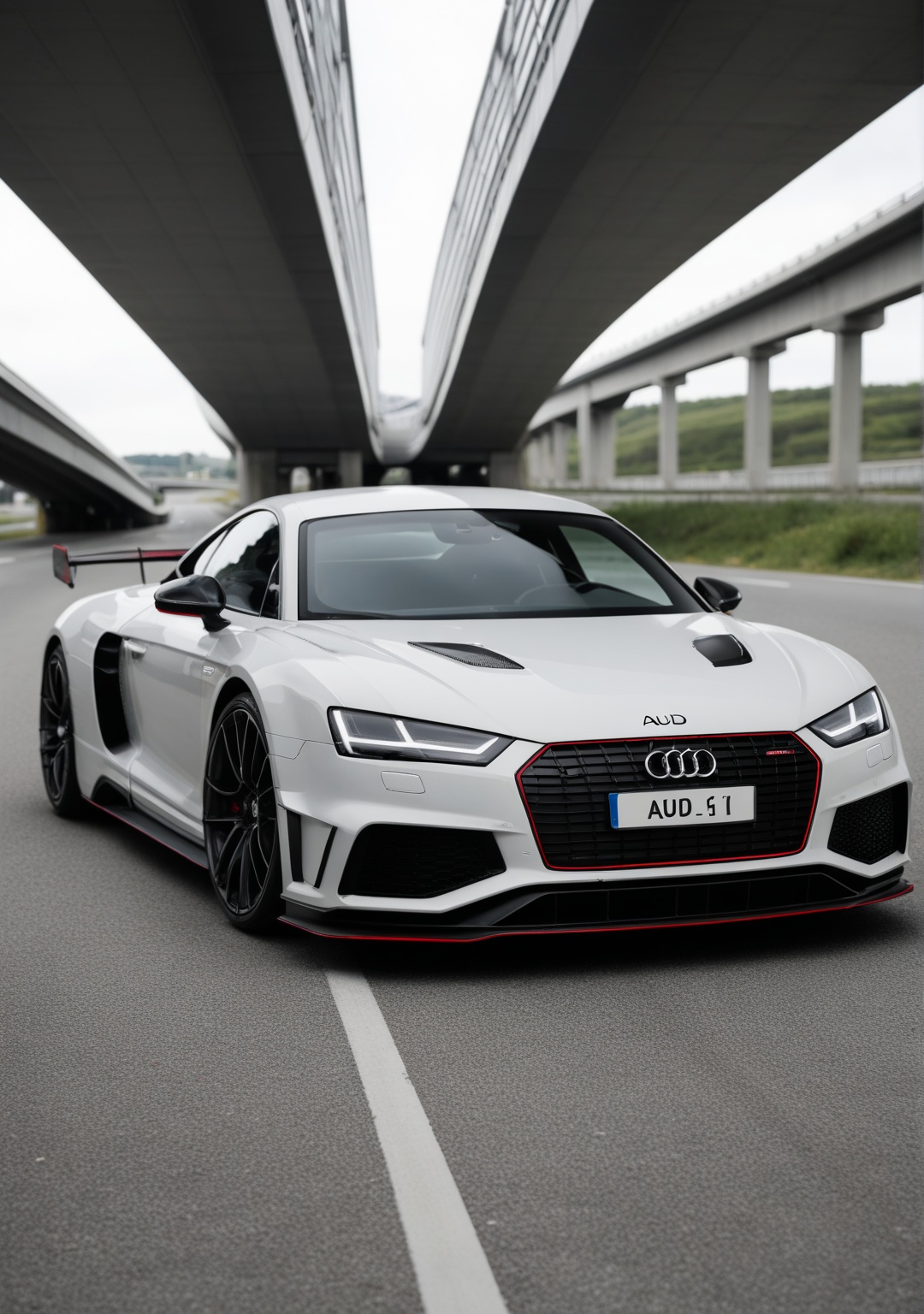 High-end Audi supercar made an all wheel drive,  mid size,  light passenger truck in future Audi in a highway on Tensor.Art