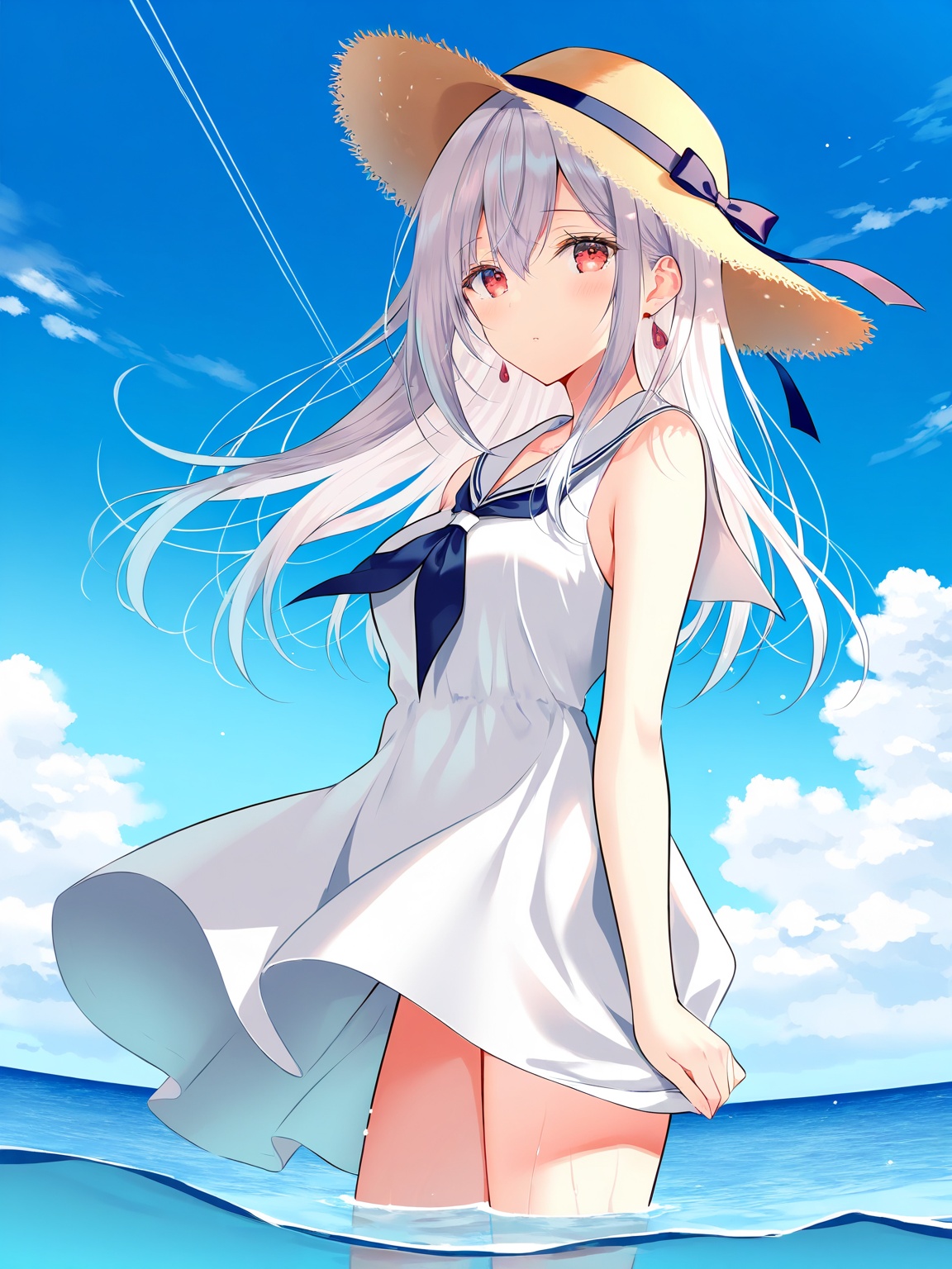 1girl,(myusha:1.1),hiten_(hitenkei),(necomi:0.9),(yuyu_(yuyuworks):0.9),(miwabe_sakura:0.9),silver_hair,medium_breasts,long_hair,straight_hair,hair_between_eyes,red_eyes,sailor_collar, white_dress, sailor_dress, wading, ocean,blue_sky, sleeveless, solo,cowboy_shot, wind_lift, from_side, straw_hat, looking_at_viewer, masterpiece,beest quality,amazing quality,anime,illustration,ultra detailed,highres,very aesthetic,absurdres,perfect body,newest,