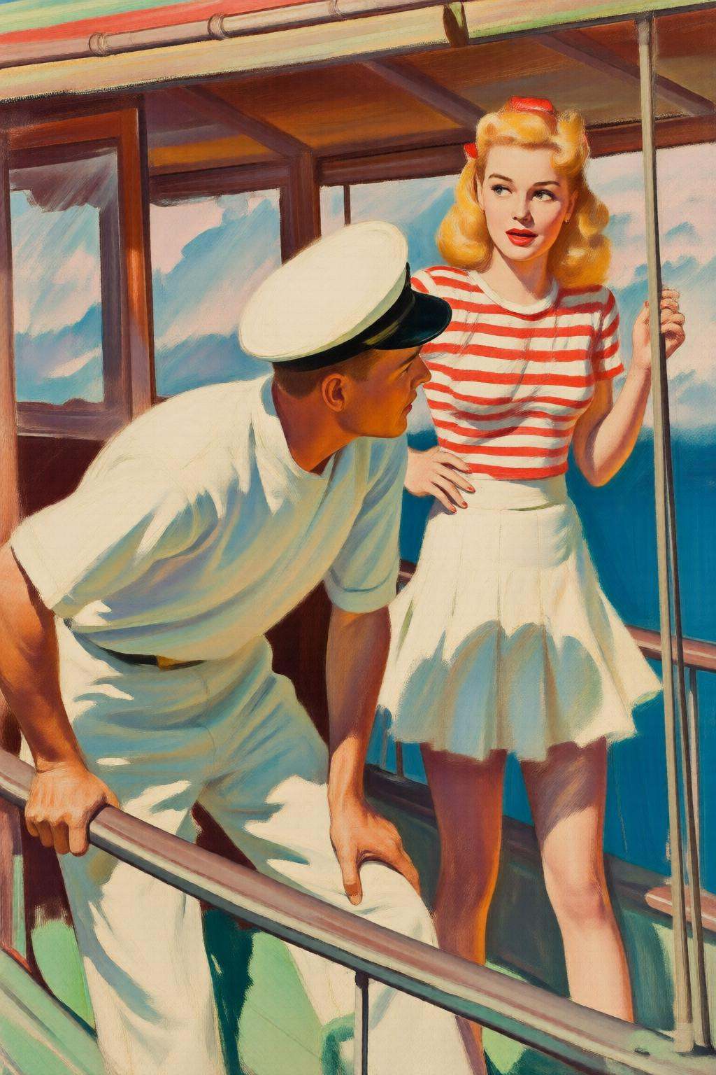 walterbaumhofer2q illustration. A man in a white naval uniform and a woman in a red and white striped top with a white ski...