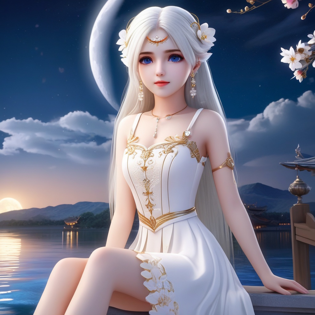<lora:837-DA-XL-斗罗大陆-千仞雪-幼年:0.8>, SFW,(masterpiece:1.2),best quality,absurdres,masterpiece,original,extremely detailed wallpaper,perfect lighting,(extremely detailed CG:1.2),1girl, solo, long hair, blue eyes, hair ornament, dress, jewelry, sitting, flower, white hair, earrings, sky, cloud, water, white dress, bare legs, night, facial mark, moon, forehead mark
