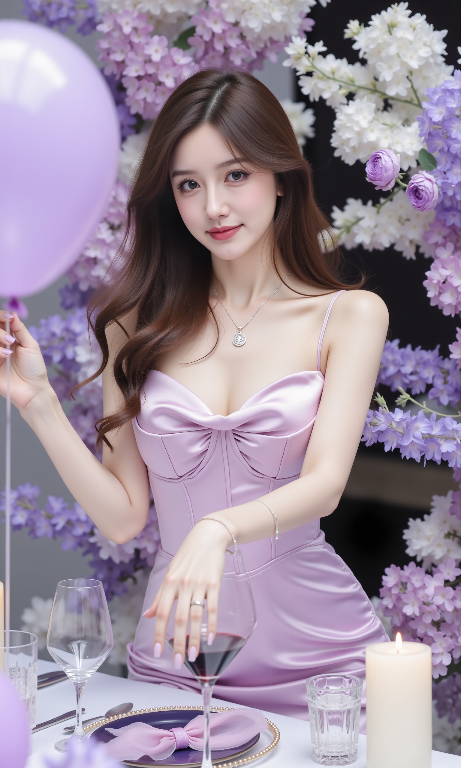 The photograph features a young Asian woman with fair skin and long, straight brown hair cascading over her shoulders. She is wearing a form-fitting, lavender satin gown with spaghetti straps and a sweetheart neckline, accentuating her slender physique and modest breast size. Her makeup is elegant, with a soft pink lip color and subtle eye makeup that enhances her large, expressive eyes. She wears a delicate silver necklace with a small pendant and a silver bracelet on her left wrist.The setting is a luxurious, floral-filled room with an abundance of purple and white flowers, creating a romantic and whimsical atmosphere. The background features a lush arrangement of flowers with large, fluffy lavender petals and delicate white ones, providing a soft, dreamy backdrop. A large, partially deflated purple balloon is on the left side of the frame, adding a playful touch.In the foreground, there is a table adorned with a white tablecloth, a glass of red wine, and a lit white candle. The table also has a glass of water and a small, ornate glass with a floral design, adding to the elegant ambiance. The overall mood is one of opulence and sophistication, with a touch of whimsy and romance.<lora:紫色韵味FLUX:1>