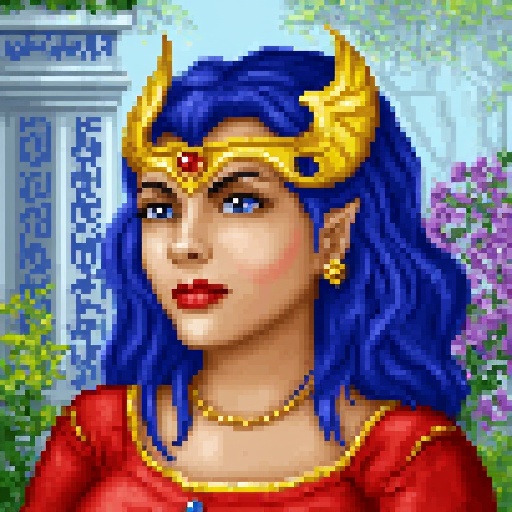 Original HoMM2 style portrait of an elven sorceress with blue wavy hair,  wearing a golden headpiece in the shape of wings...