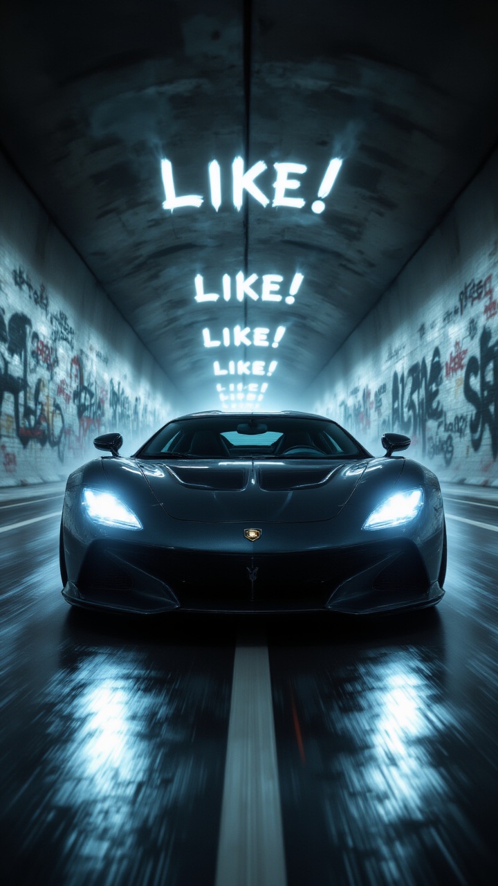 "A sleek sports car racing through a tunnel,  headlights illuminating the words "LIKE!" sprayed as graffiti on the tunnel...