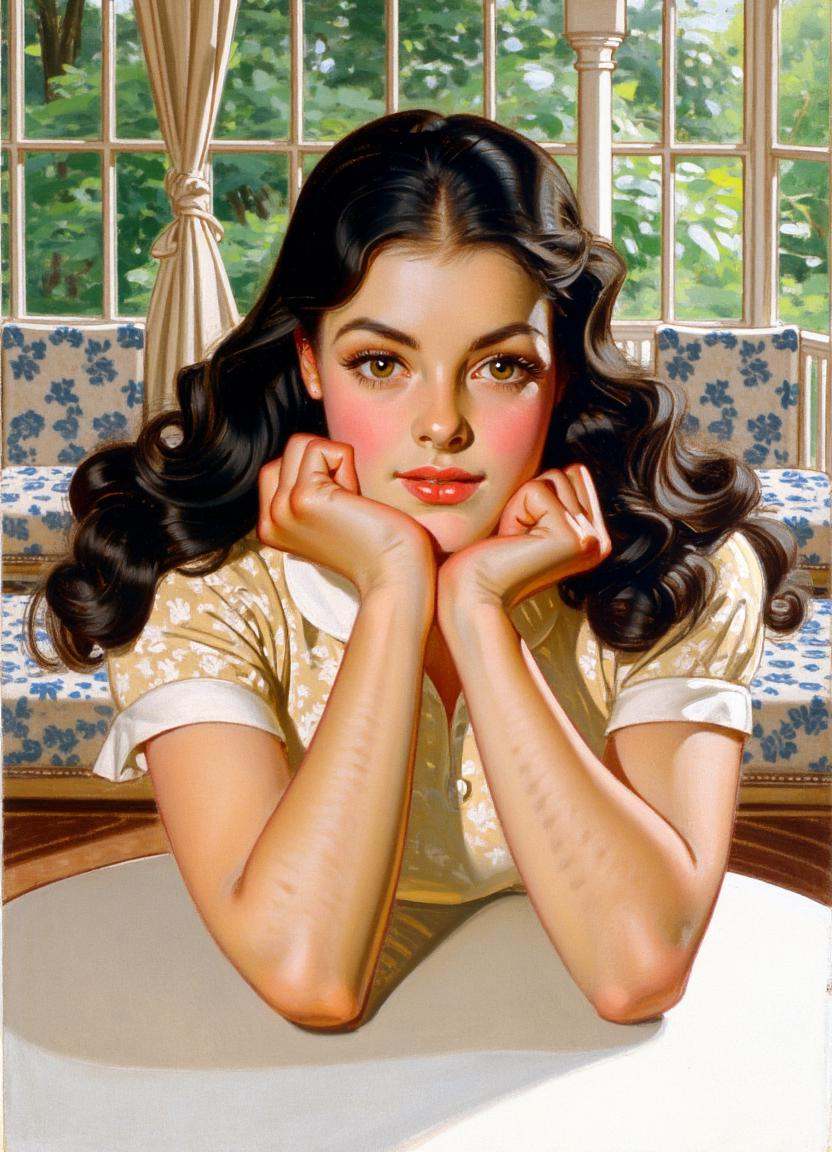 A cartoon illustration by j.c. leyendecker of a young woman sitting at a table. She has fair skin,  long black hair and gr...