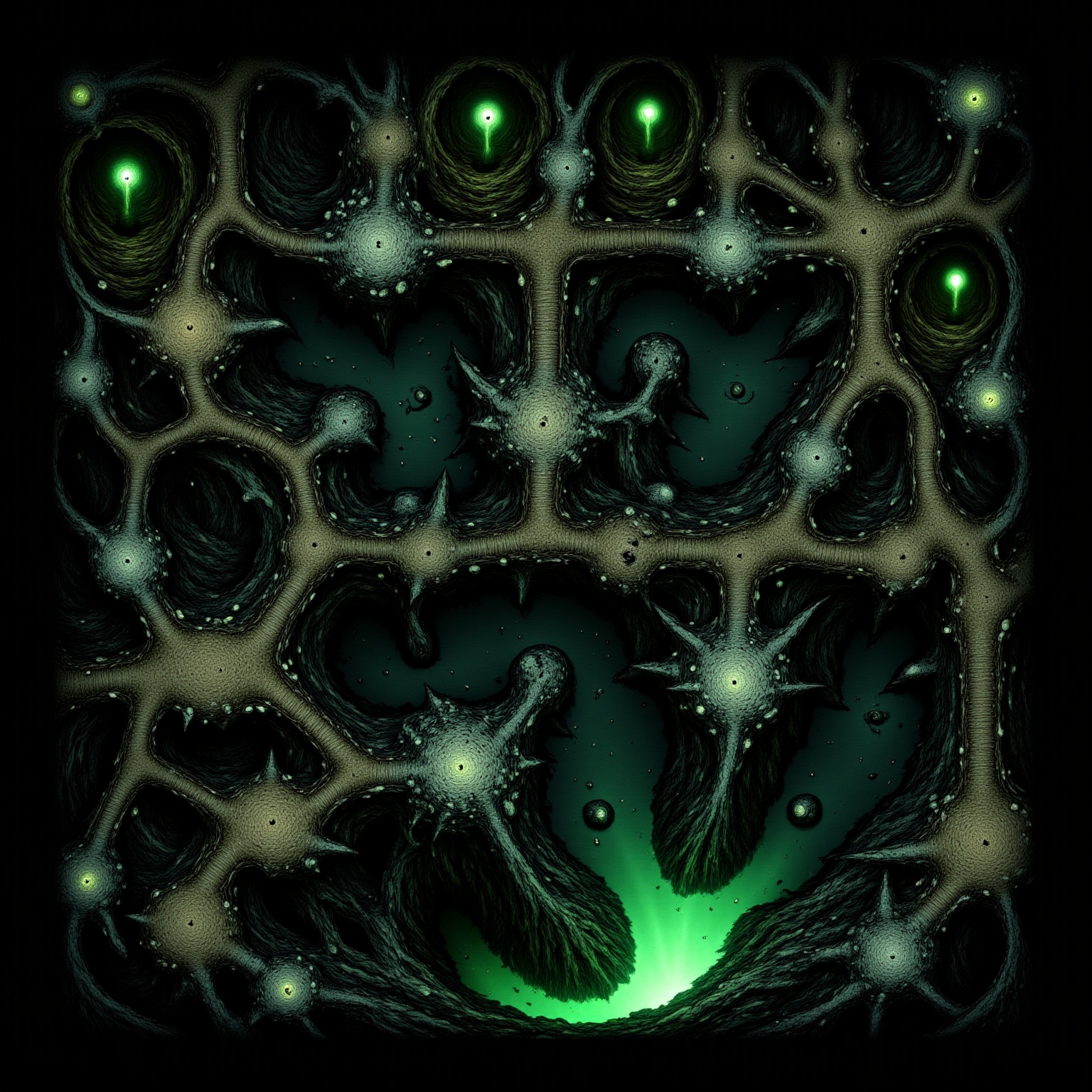 A hand-drawn fantasy map of a shadowy underground cavern system with glowing fungi,  winding tunnels,  rope bridges on Ten...
